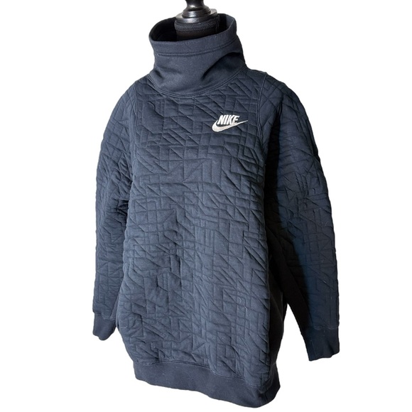 NIKE Oversized Black Quilted Pullover Sweatshirt Mock Funnel Neck Sz Large *Flaw - Picture 1 of 14